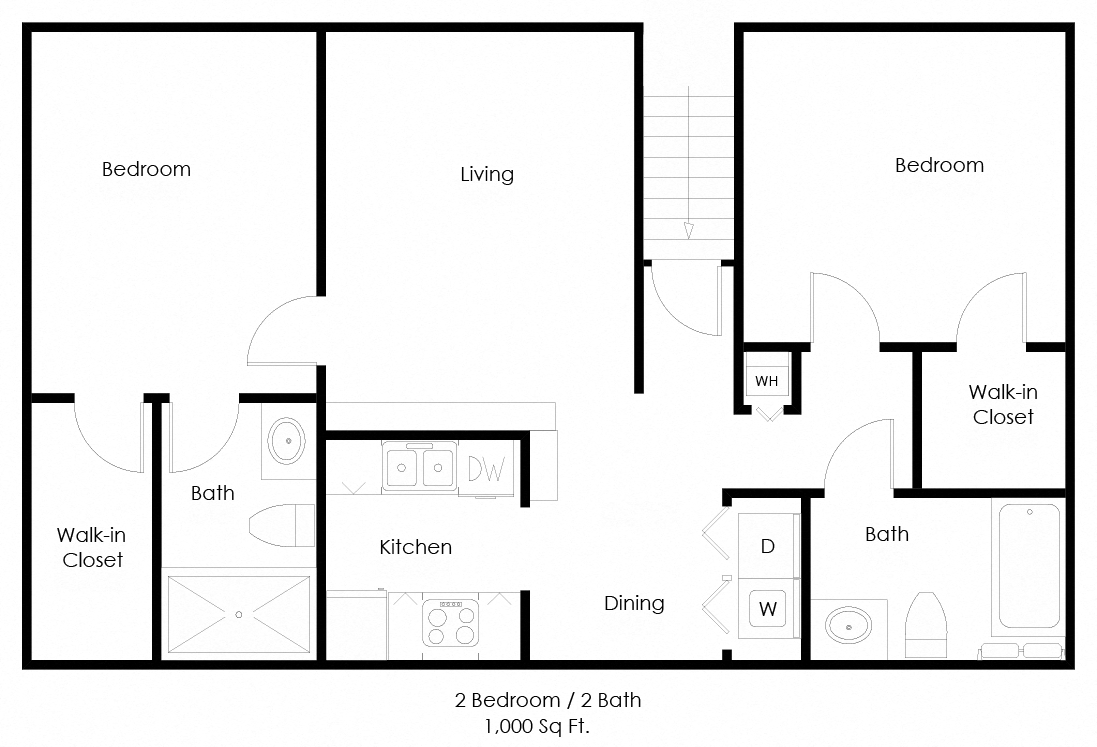 Floor plan for 2 beds, 2 baths, 1000 sqft